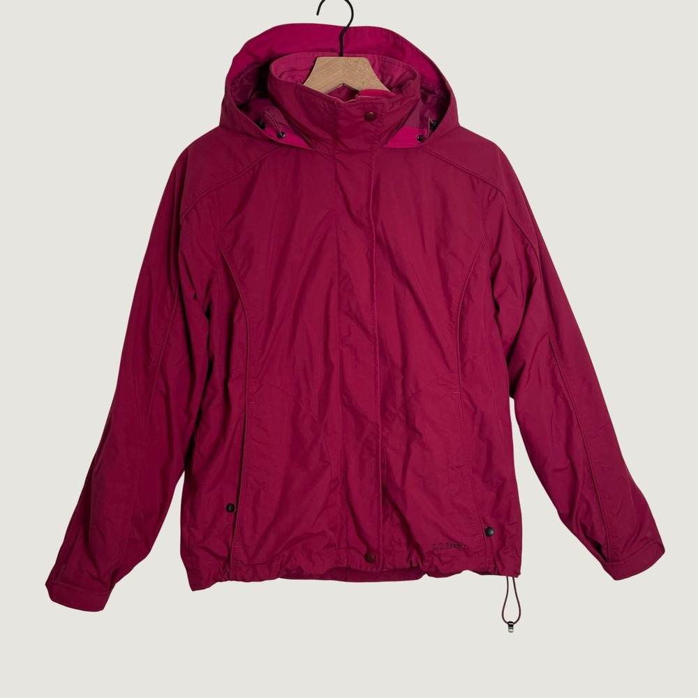 LL Bean Rain Jacket Womens Small Pink Removable Fleece Lined Hooded Outdoor